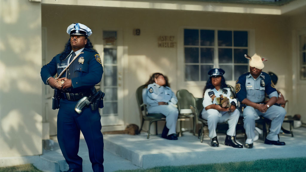 Police officer guards house as others relax outside