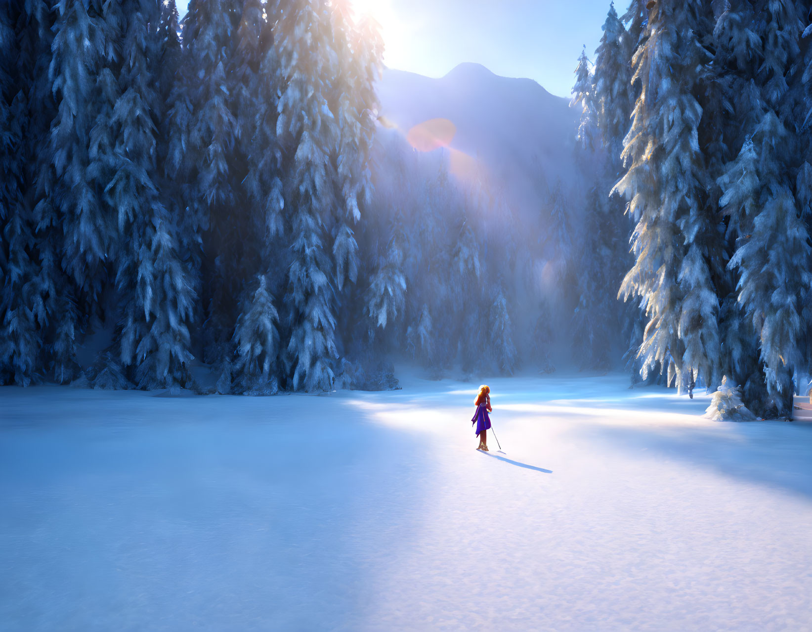 Skiing Alone in Snow-Covered Forest at Sunrise or Sunset