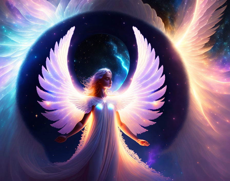 Glowing celestial figure with wings in cosmic scene