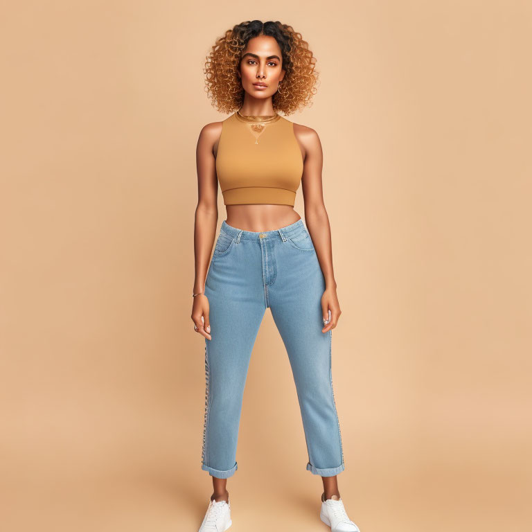 Curly-Haired Woman in Mustard Top and Blue Jeans Outfit