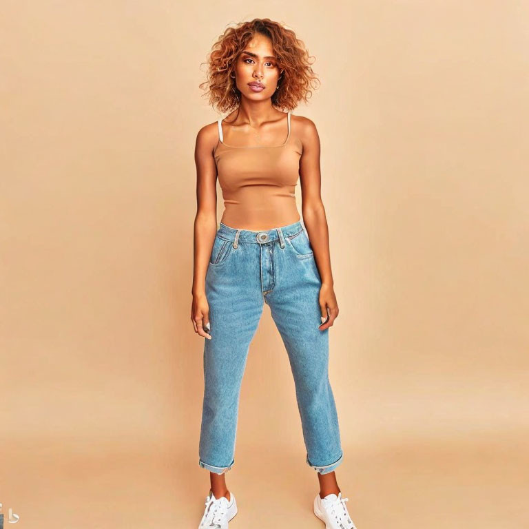 Curly-Haired Person in Crop Top and High-Waisted Jeans on Beige Background