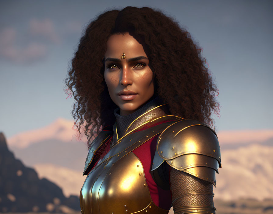 Curly Haired Female Figure in Golden Armor 3D Rendered Against Mountainous Background