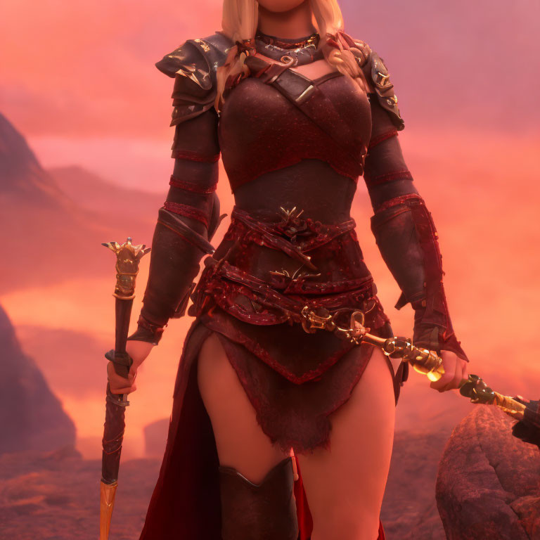 Fantasy female warrior character in red cape and armor with staff on misty rocky background