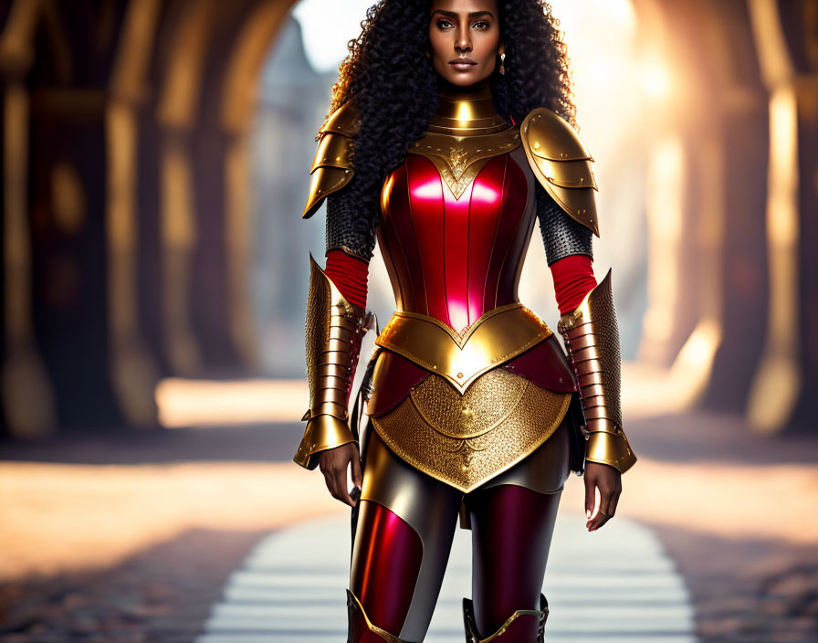 Confident woman in golden-accented armor in grand architectural corridor