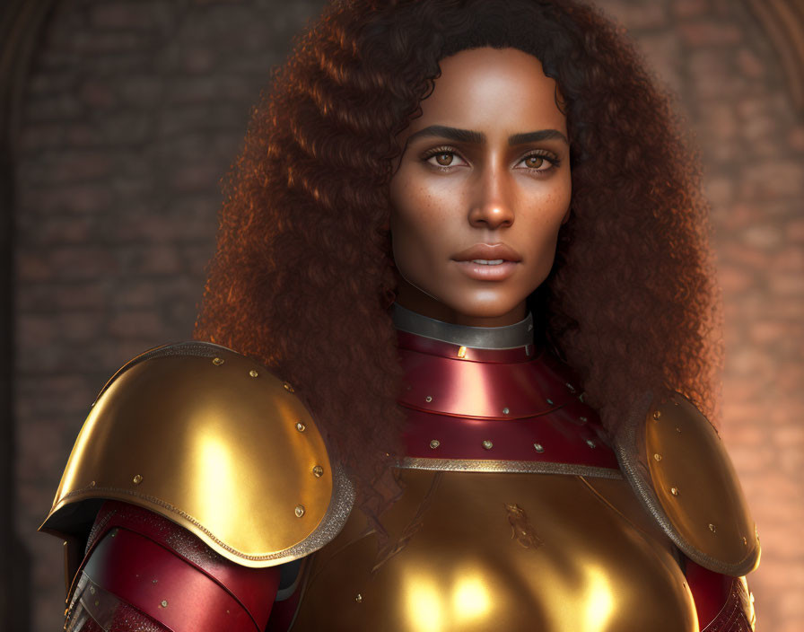 Curly Haired Woman in Golden and Red Armor Stands Before Brick Background