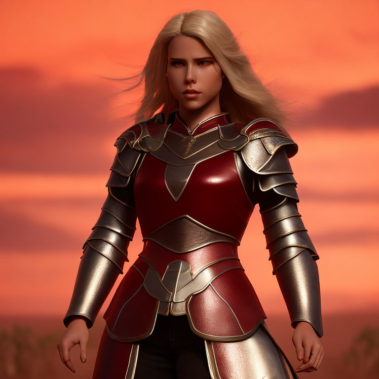 Blonde Female Warrior in Red and Silver Armor on Orange Sky