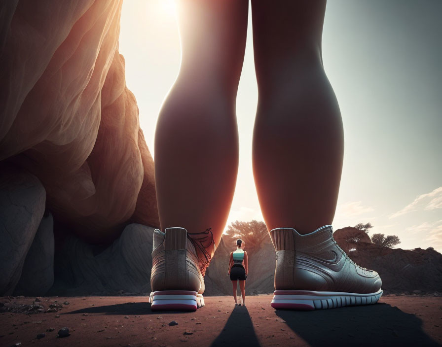 Gigantic sneakers dwarf person in desert landscape