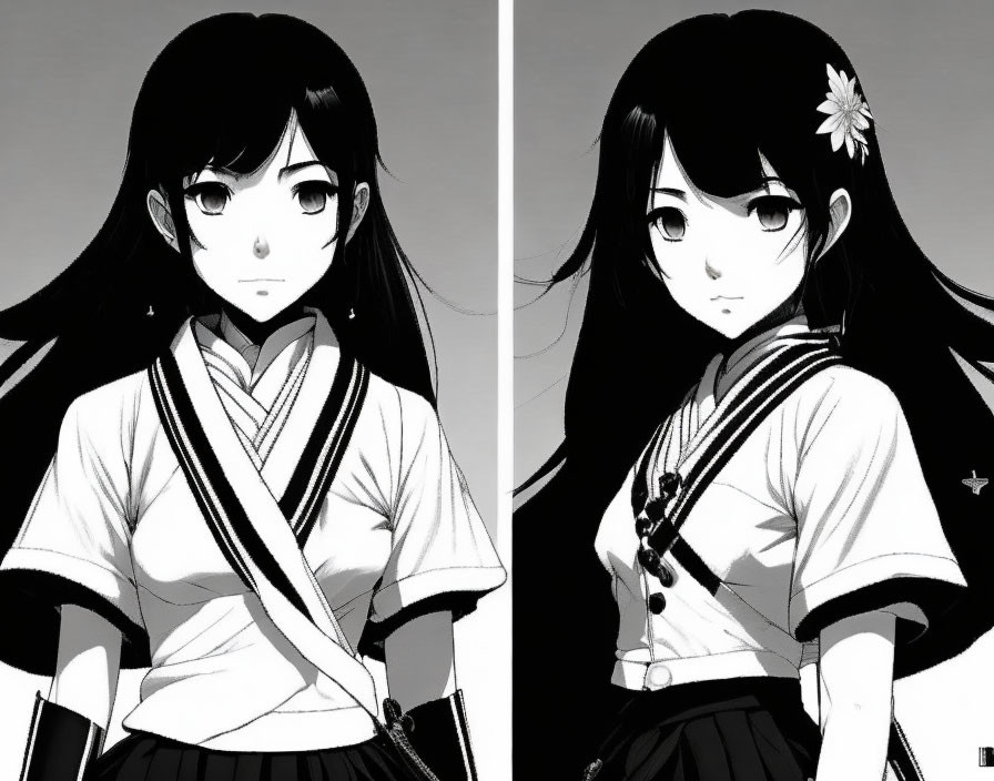 Monochrome manga-style art of girl in school uniform, two poses