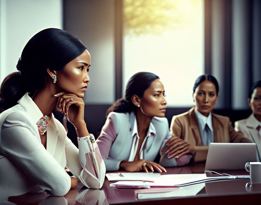 Professional women in meeting room with one focused and contemplative