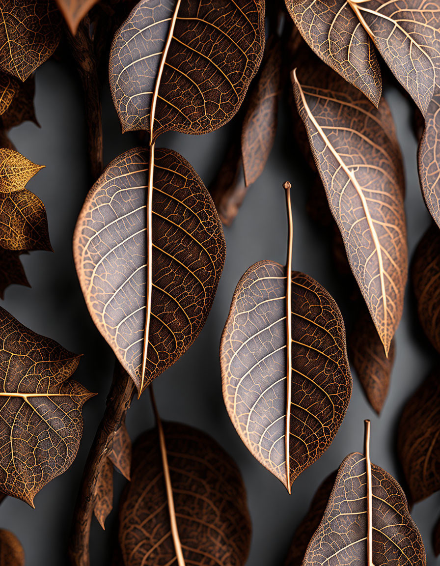 Detailed view of intricate vein patterns on dried leaves against soft-focus background