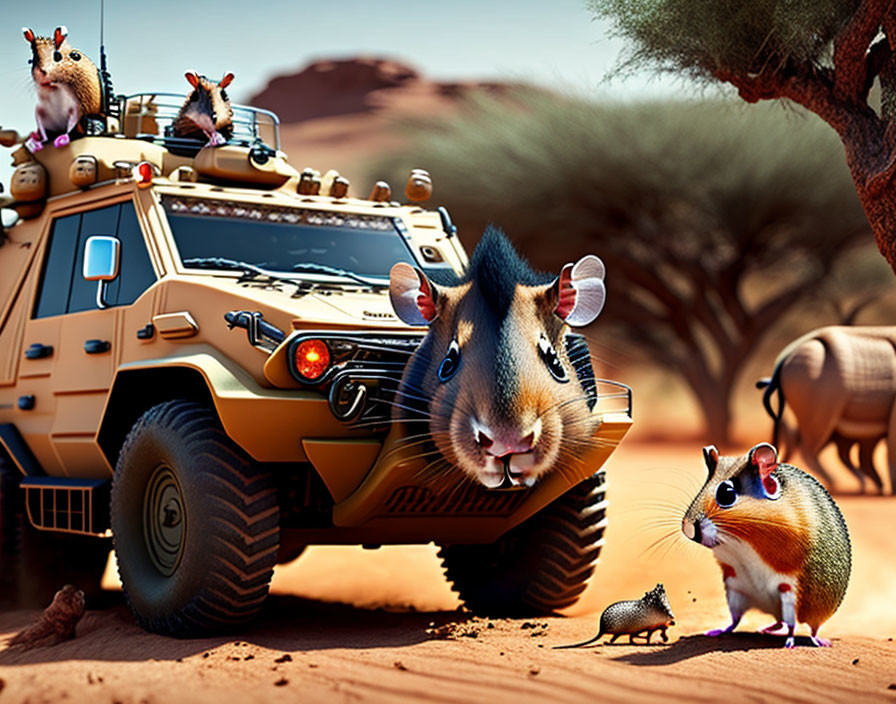 Oversized rodents and beagle in desert with sandy vehicle