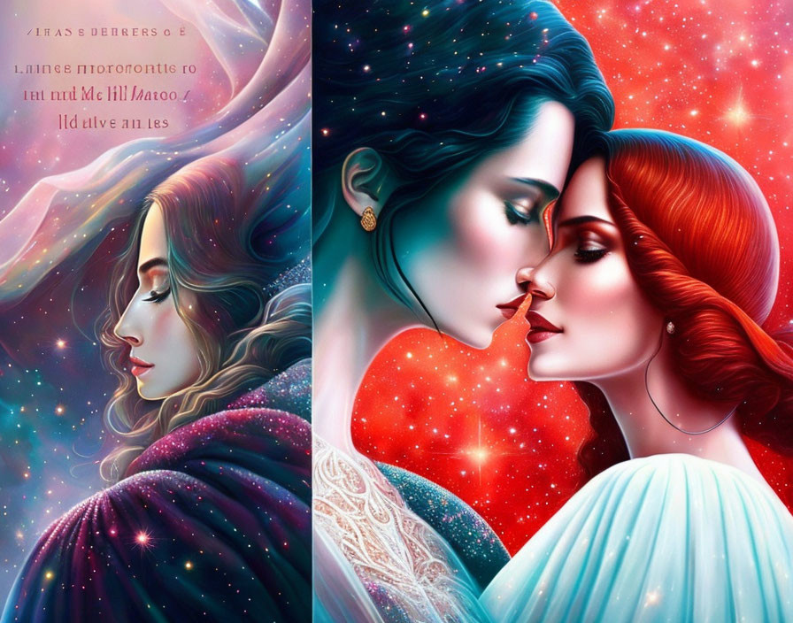 Stylized celestial-themed women with blue and red hair in cosmic setting