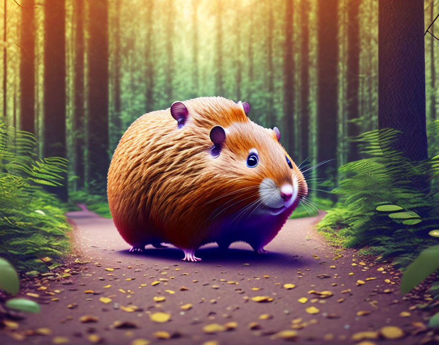 Round guinea pig on forest path under warm sunlight