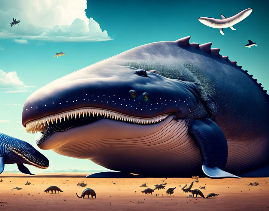 Gigantic whales and dinosaurs in surreal desert scene