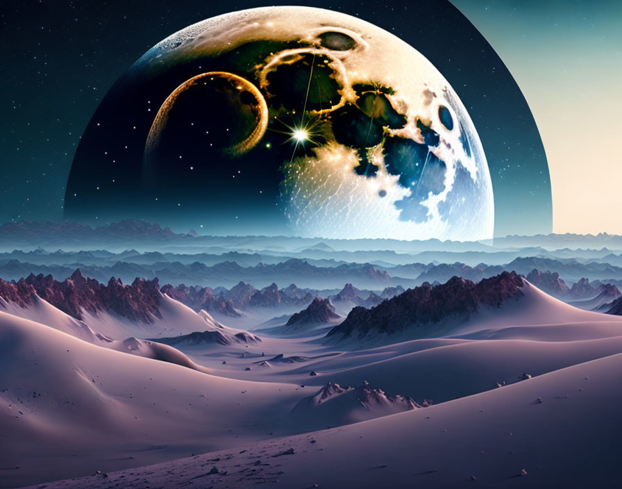 Barren landscape with dunes under starry sky and detailed planet.