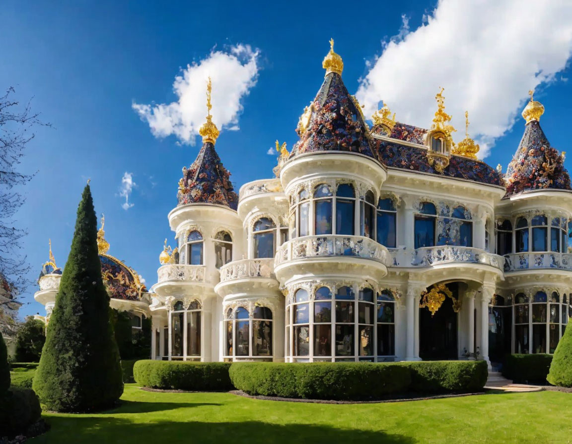 White Building with Blue and Gold Roofing in Manicured Garden