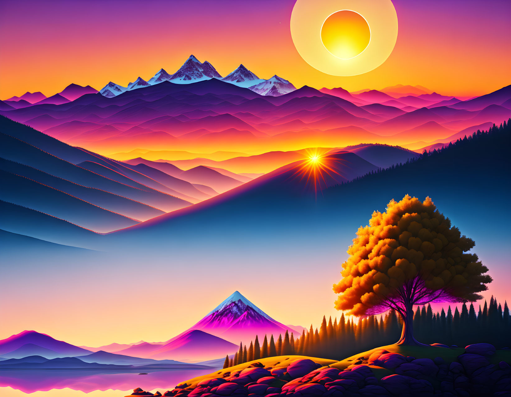 Digital artwork: Sunset over layered mountains with tree and water.