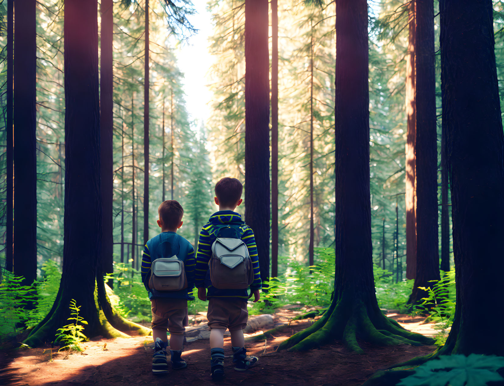 Children standing in sunlit forest with backpacks