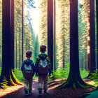 Children standing in sunlit forest with backpacks