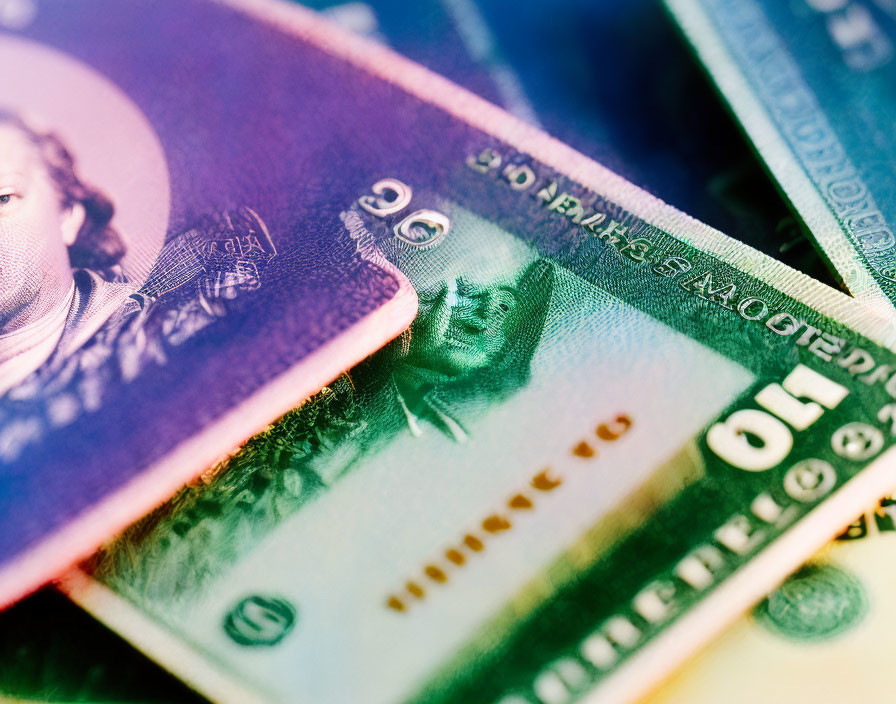 Colorful Currency Notes: Close-Up of Numerical Denominations and Partial Portraits