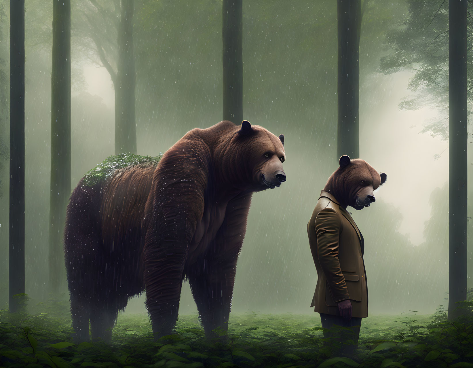 Bears with human bodies in misty forest: one in suit, other larger bear upright.