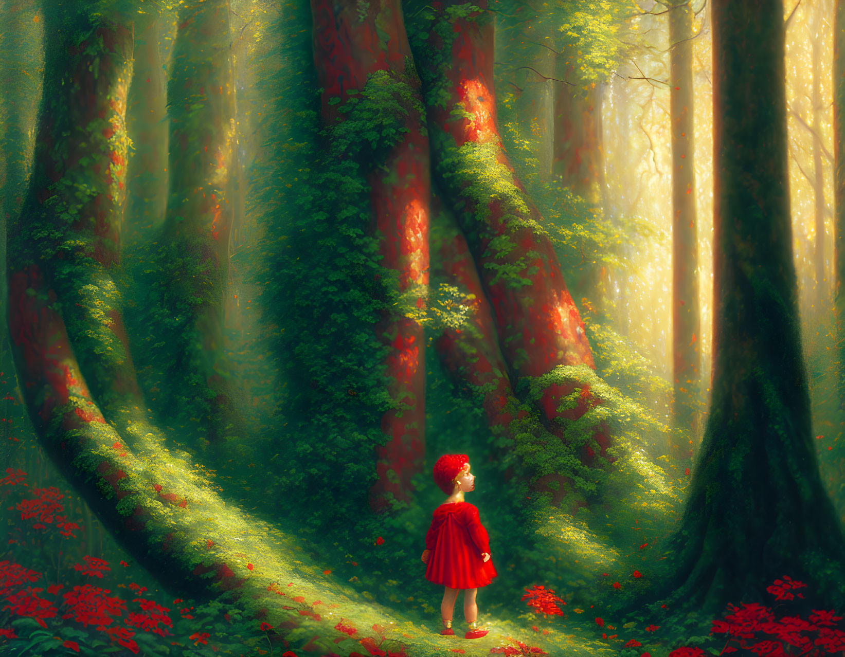 Child in Red Coat Standing in Sunlit Forest with Towering Trees and Red Flowers