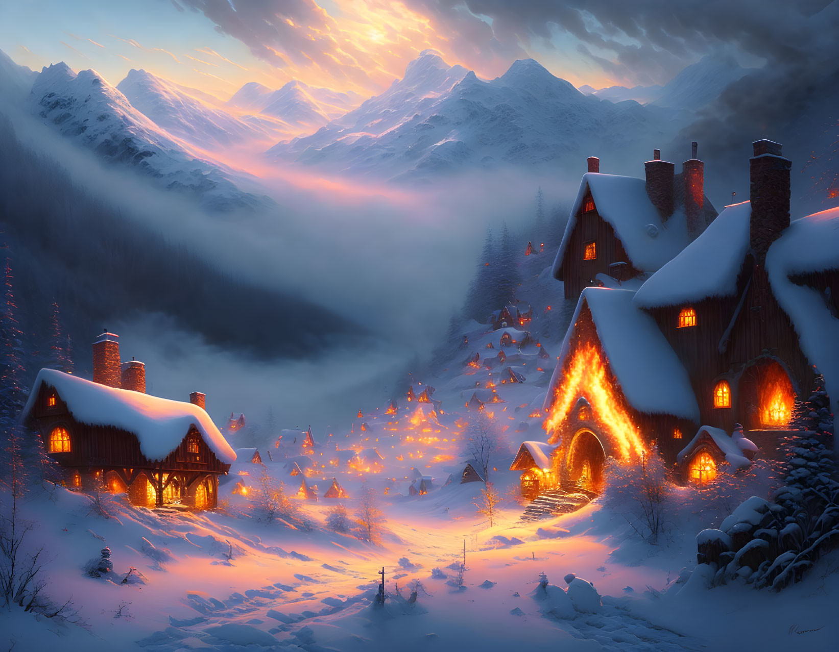 Snowy village with warmly lit cottages nestled in mountains at twilight