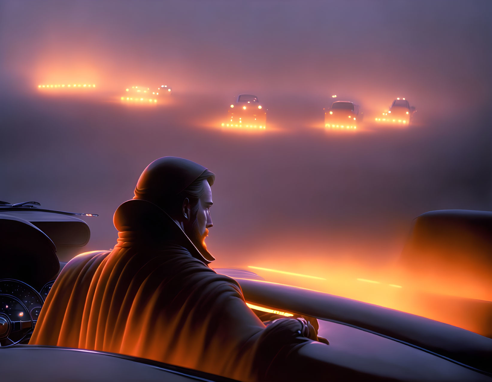 Nighttime driving scene with glowing car lights in misty atmosphere.