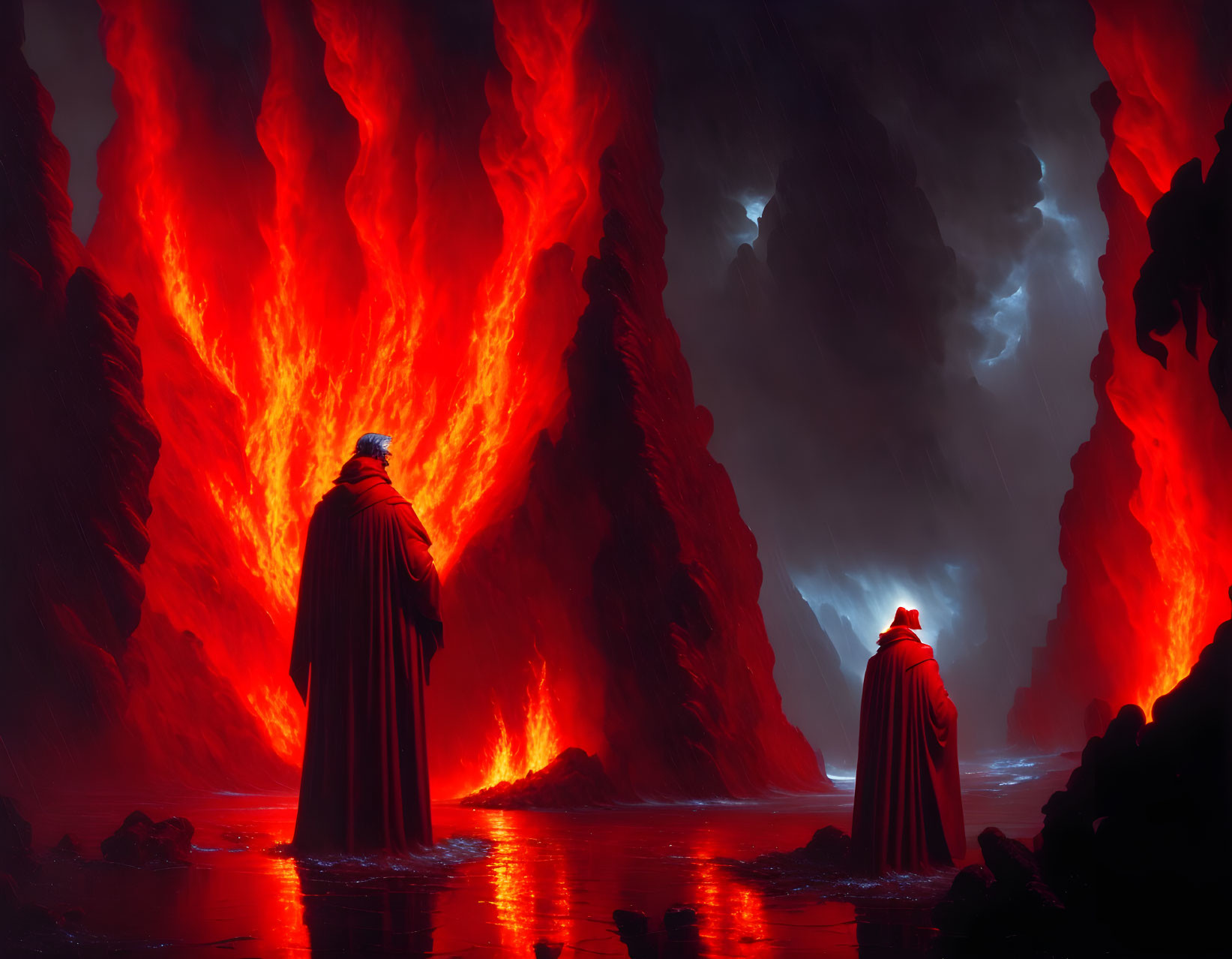 Cloaked Figures in Volcanic Landscape with Lava Flows