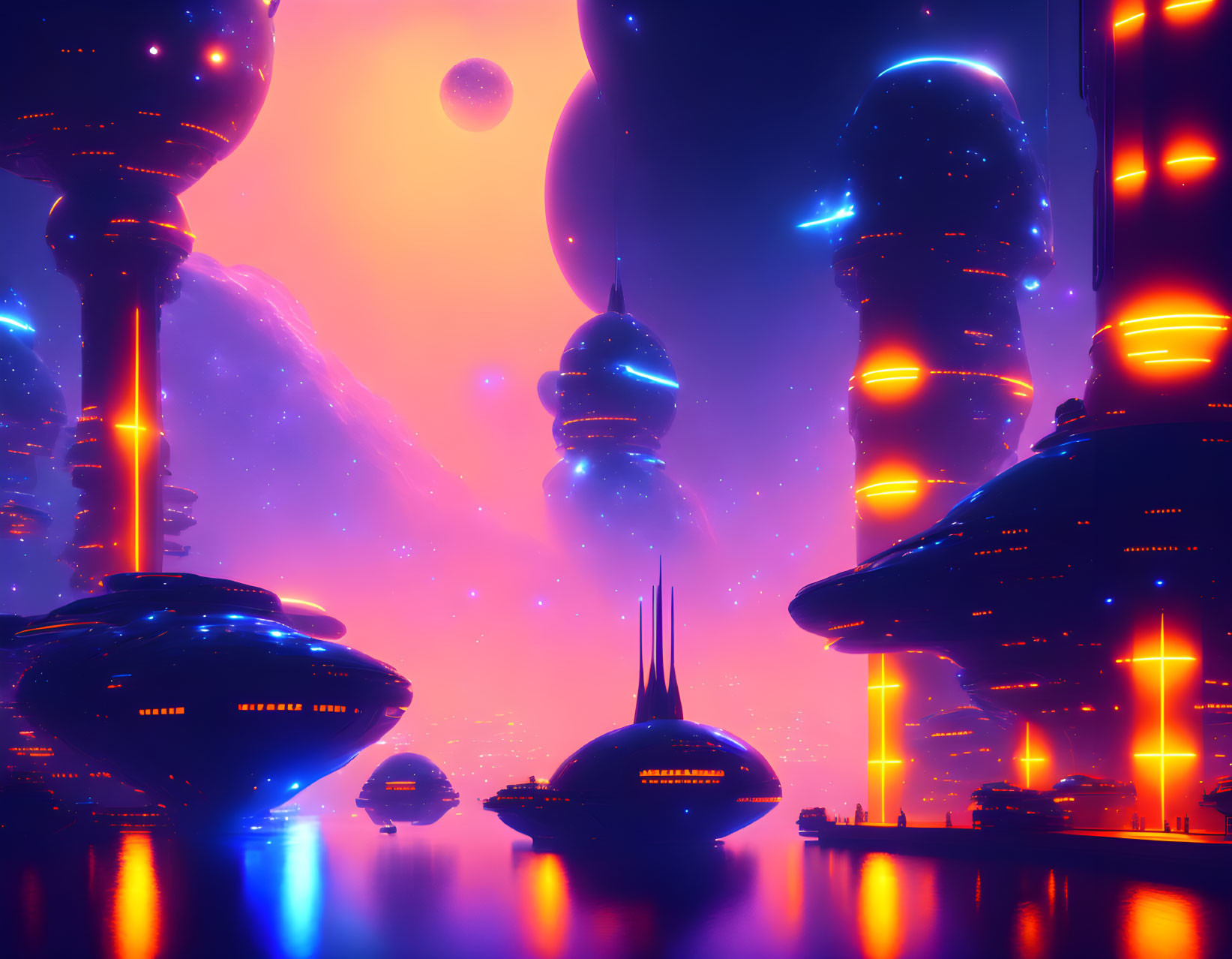 Futuristic night cityscape with neon lights and alien planet