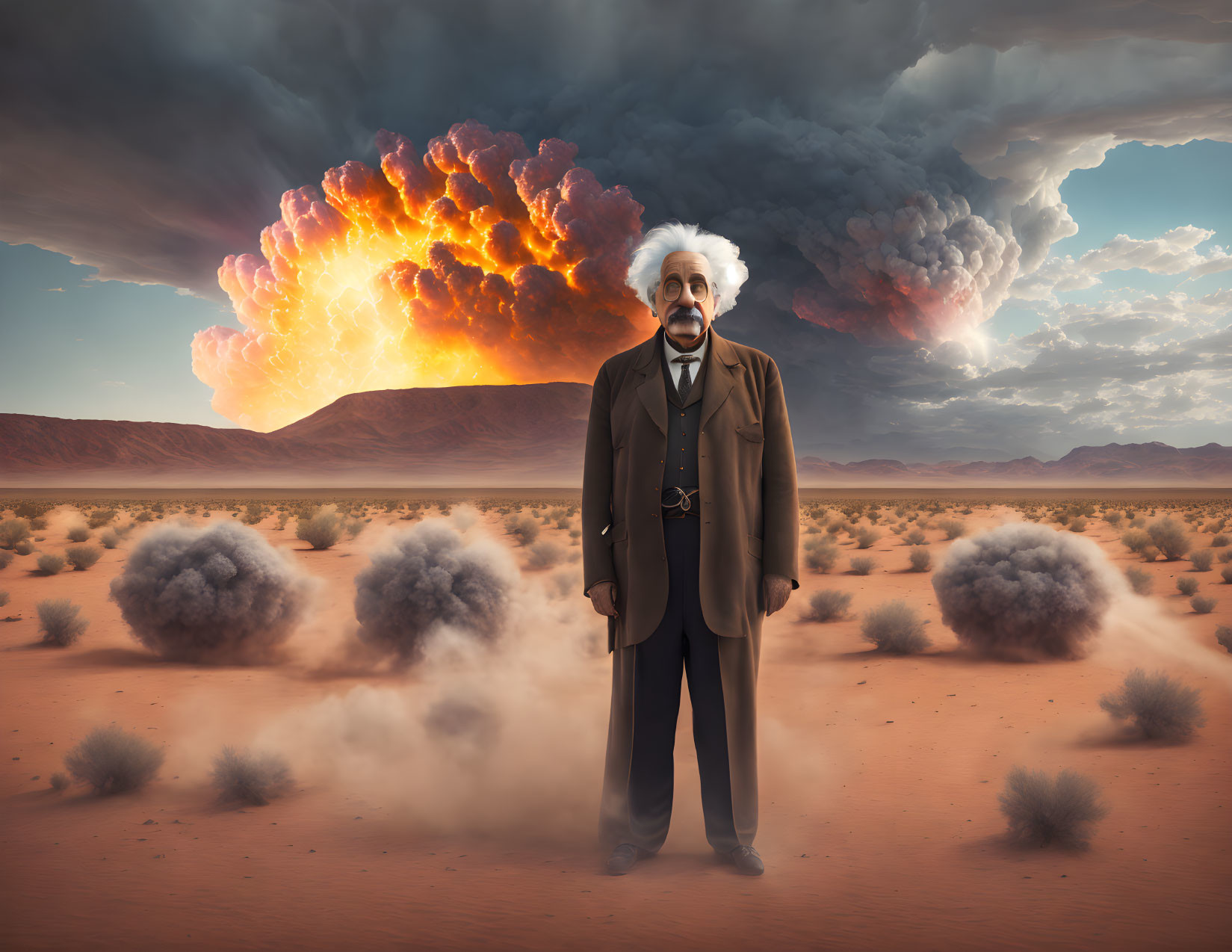 White-Haired Man in Einstein-Style Hair in Desert Explosion Scene