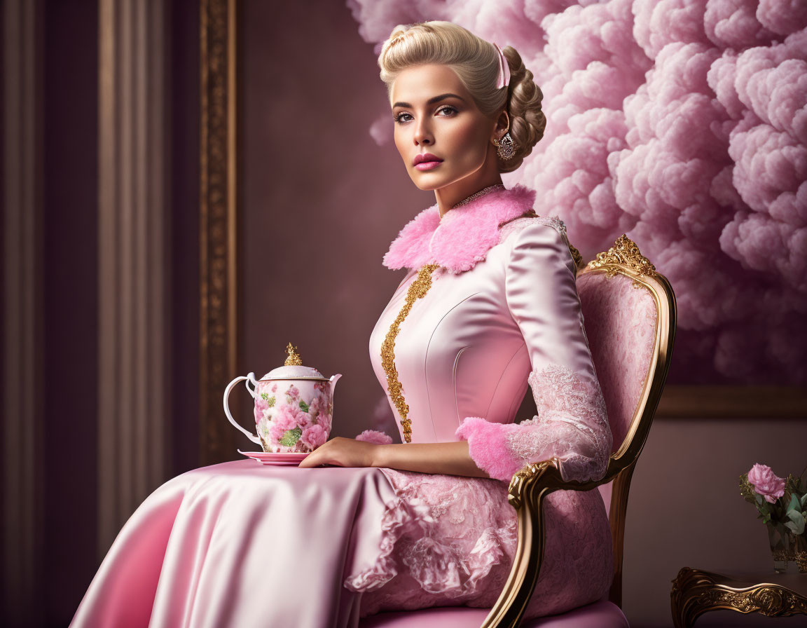 Vintage Pink Dress Woman Sitting in Armchair with Floral Teacup against Purple Clouds