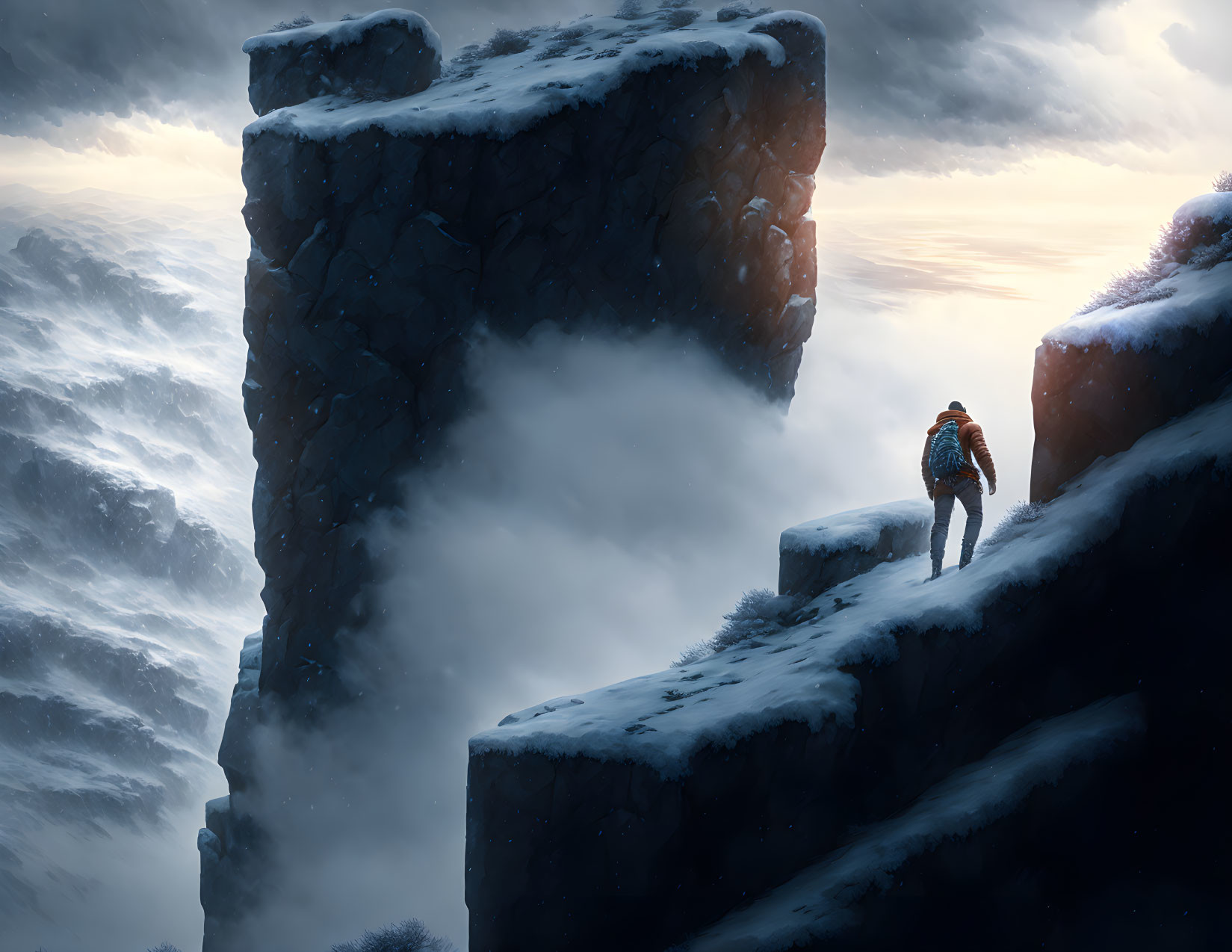 Adventurer facing snow-covered cliff and vast chasm