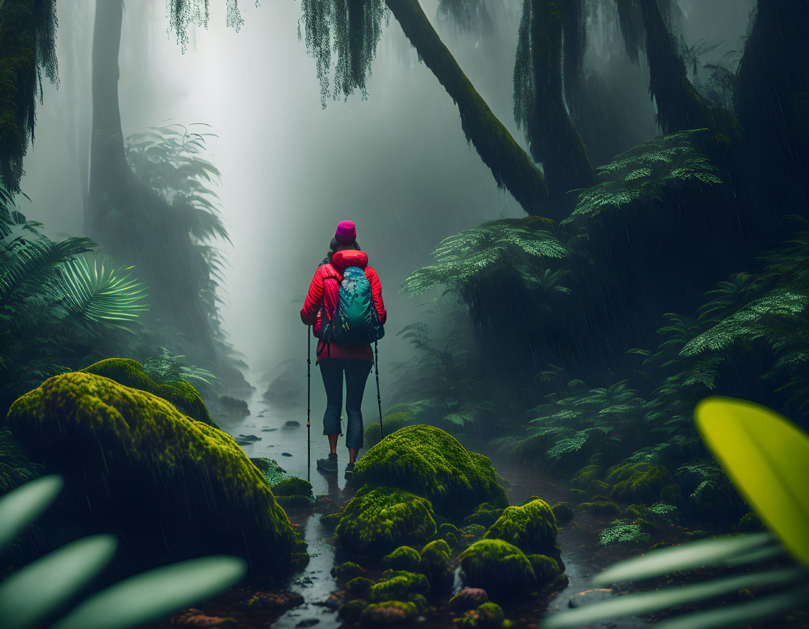 Hiker in red backpack and pink cap in misty forest with green ferns