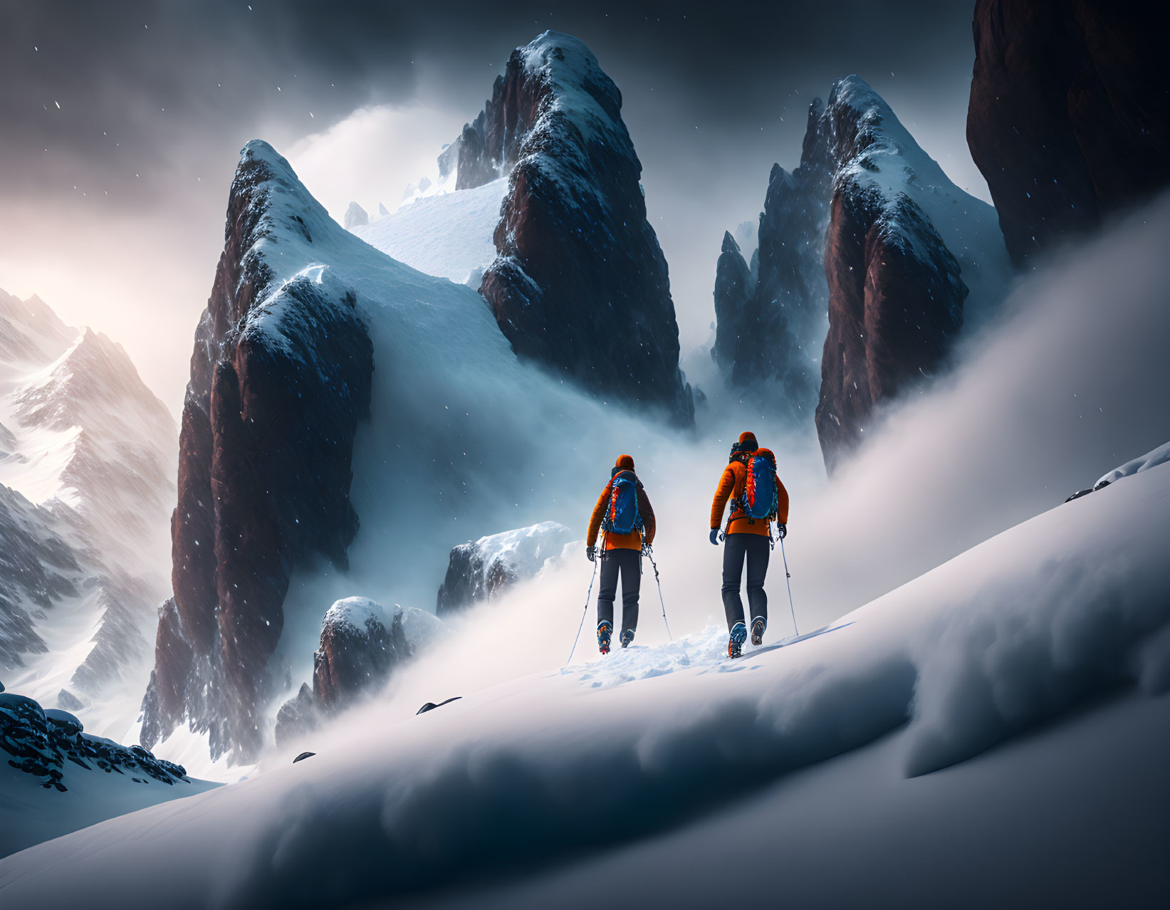 Snowy mountain climbers in misty landscape.