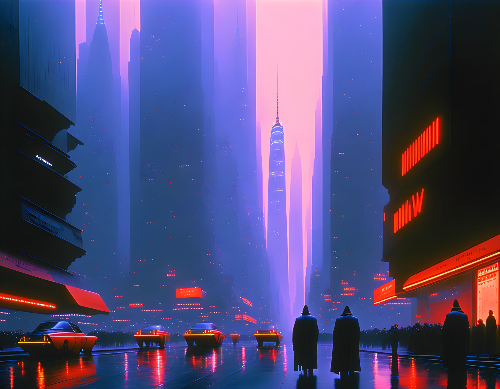 Futuristic neon-lit cityscape with skyscrapers and floating vehicles