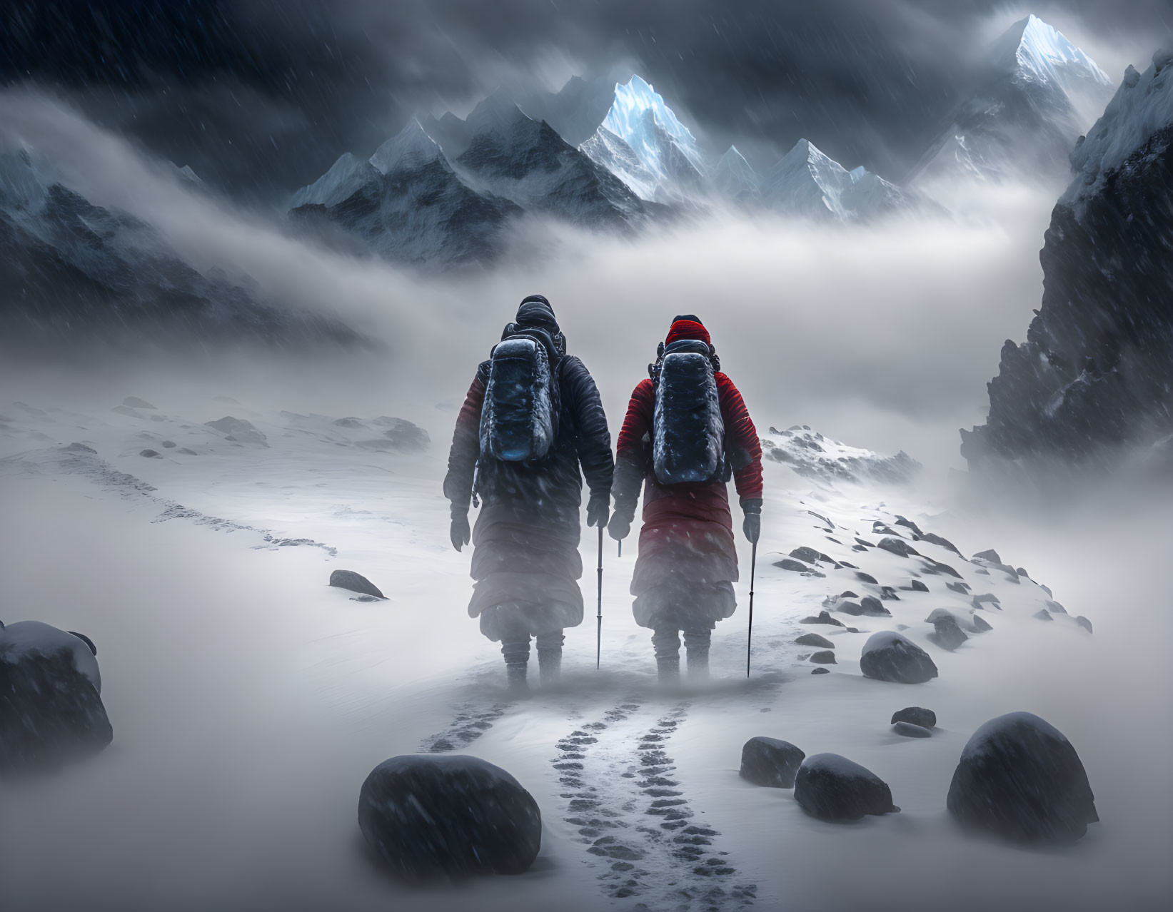 Hikers with backpacks in snowy mountain landscape