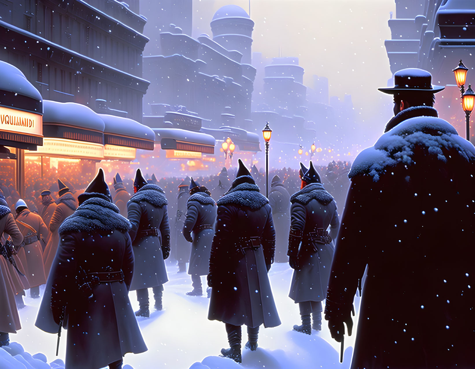 People in winter coats walking in snowy cityscape at twilight