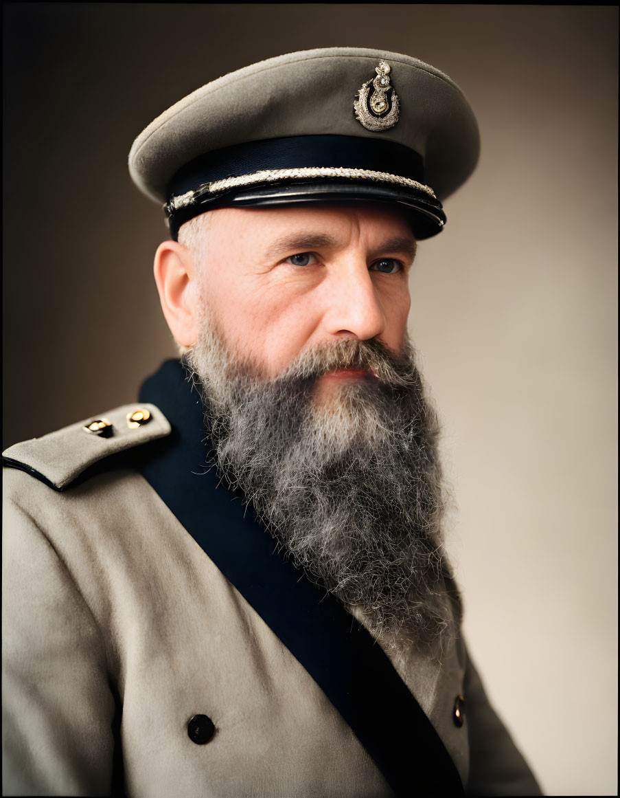 Elderly man in vintage military uniform with long grey beard