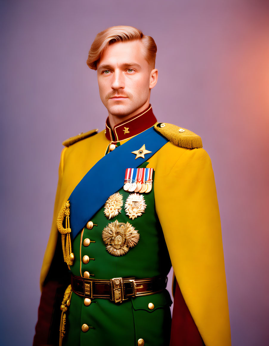 Colorful military uniform with medals on man against gradient background