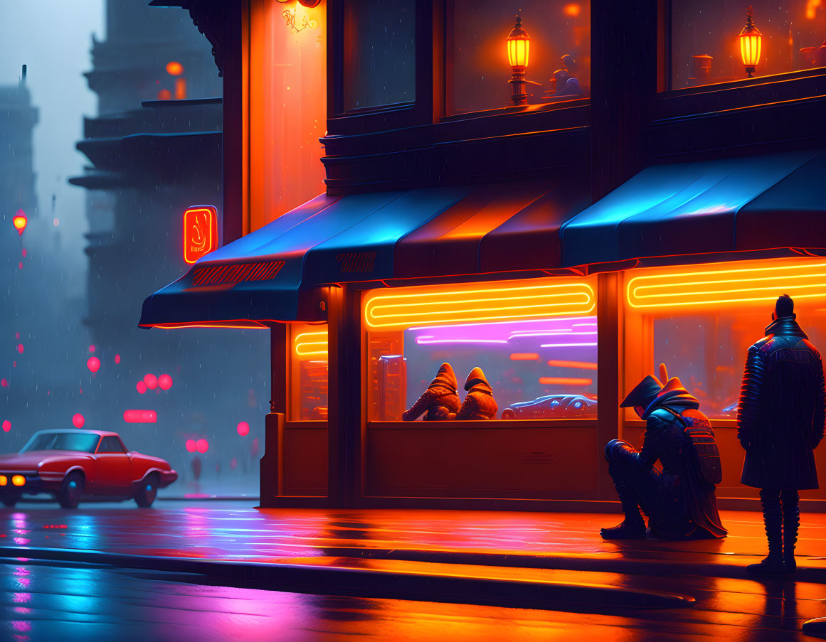 Vibrant neon-lit cityscape with person outside glowing diner and floating particles.