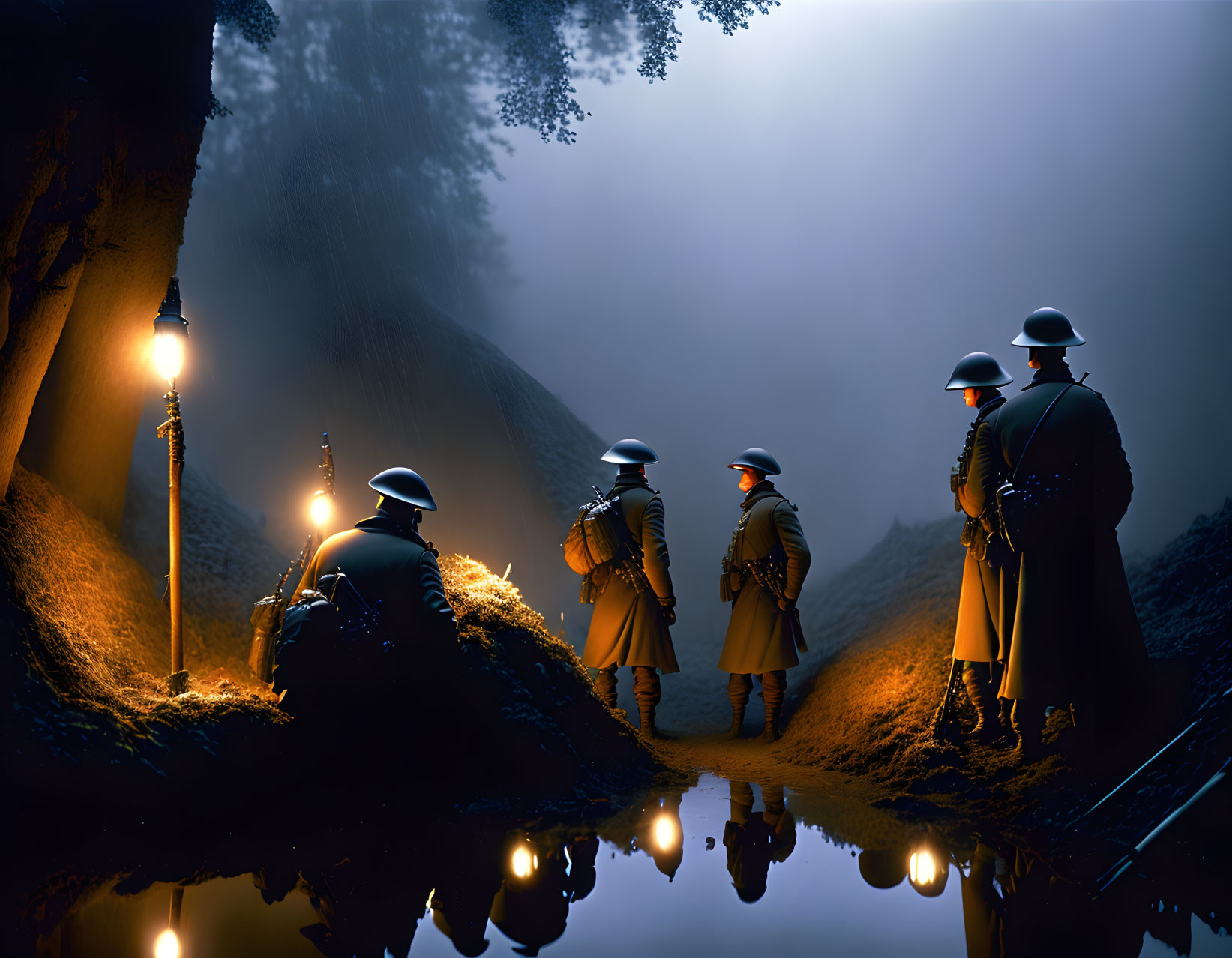 WWI-era soldiers at night by trench with lamp reflection