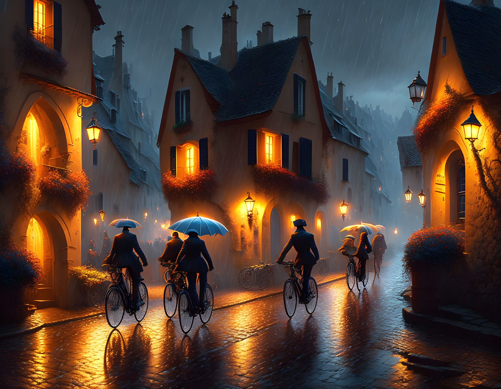 Cycling in the Rain on Cobblestone Streets at Night