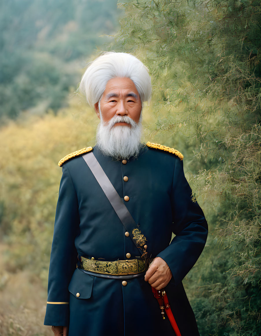 Elderly man in vintage military uniform with white beard in wooded area