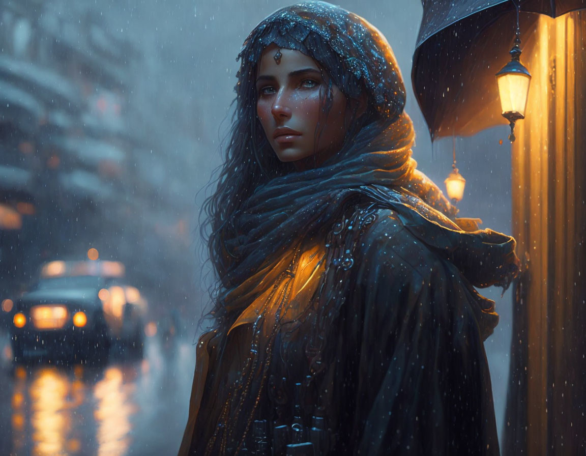 Woman in scarf under street lamp on rainy night with car headlights in background