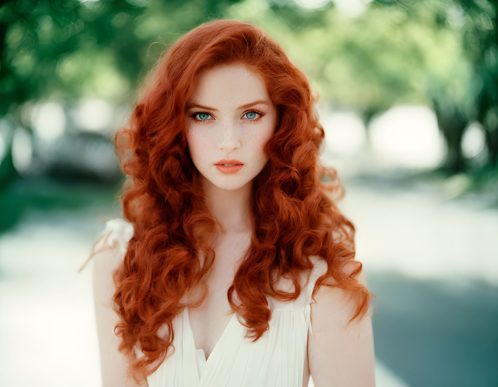 Vibrant red-haired woman in white dress in natural setting