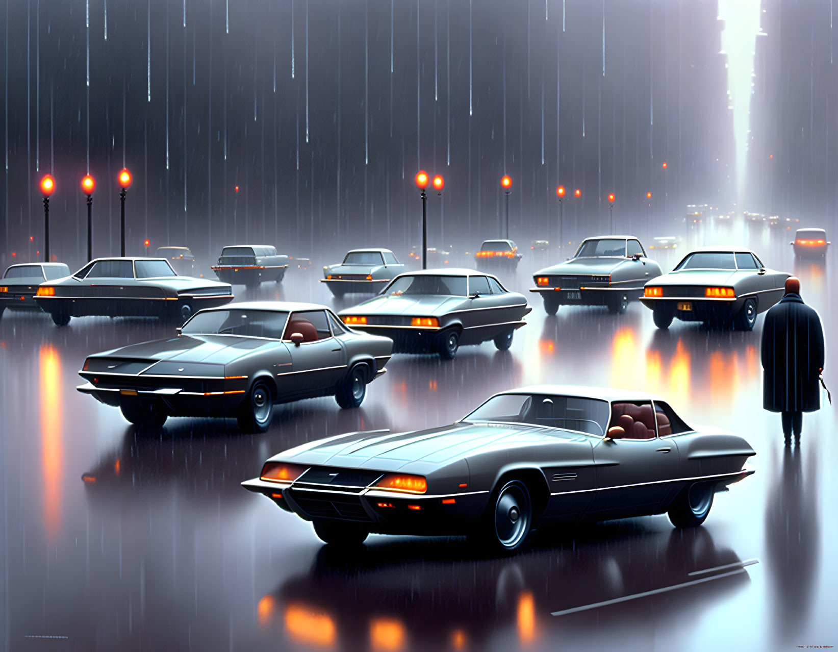 Retro-futuristic cityscape with classic cars and lone figure in rain.