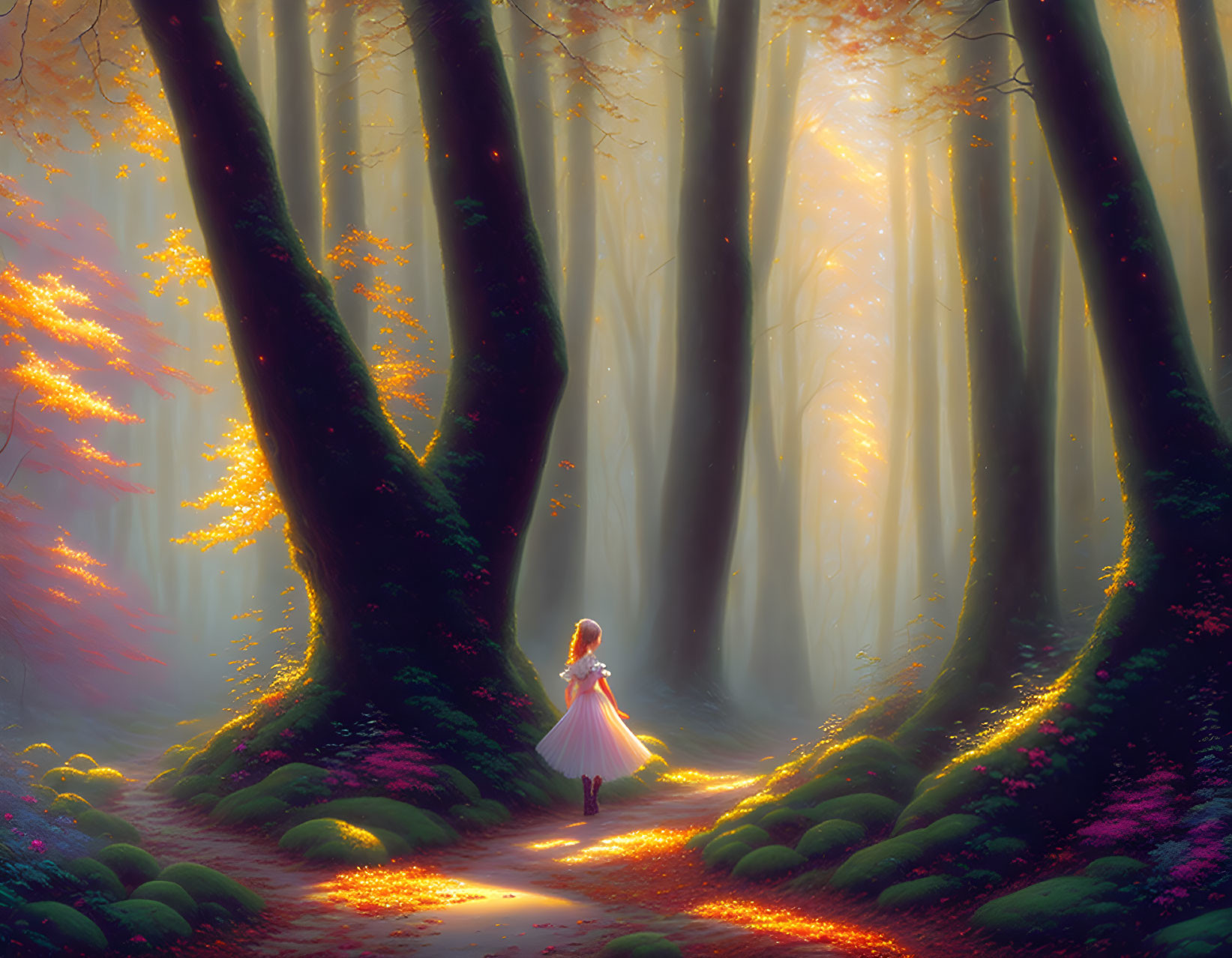 Child in light dress walks forest path among towering trees with autumn leaves and sunlight.