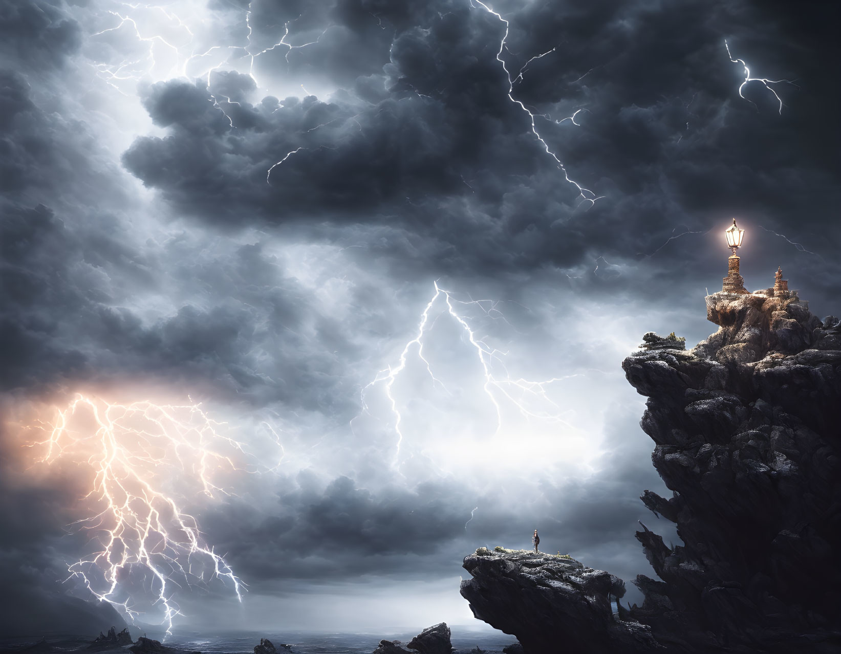 Figure on rocky outcrop under stormy sky with lightning bolts and ancient tower