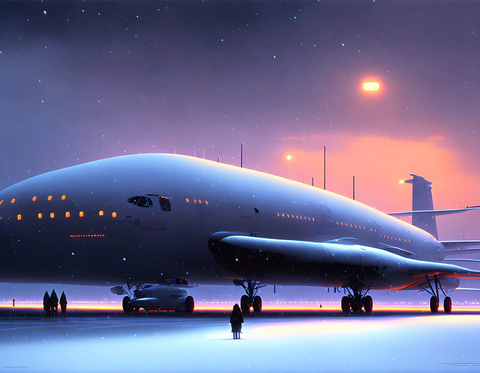 Large passenger airplane parked at airport gate under warm-hued dusk sky